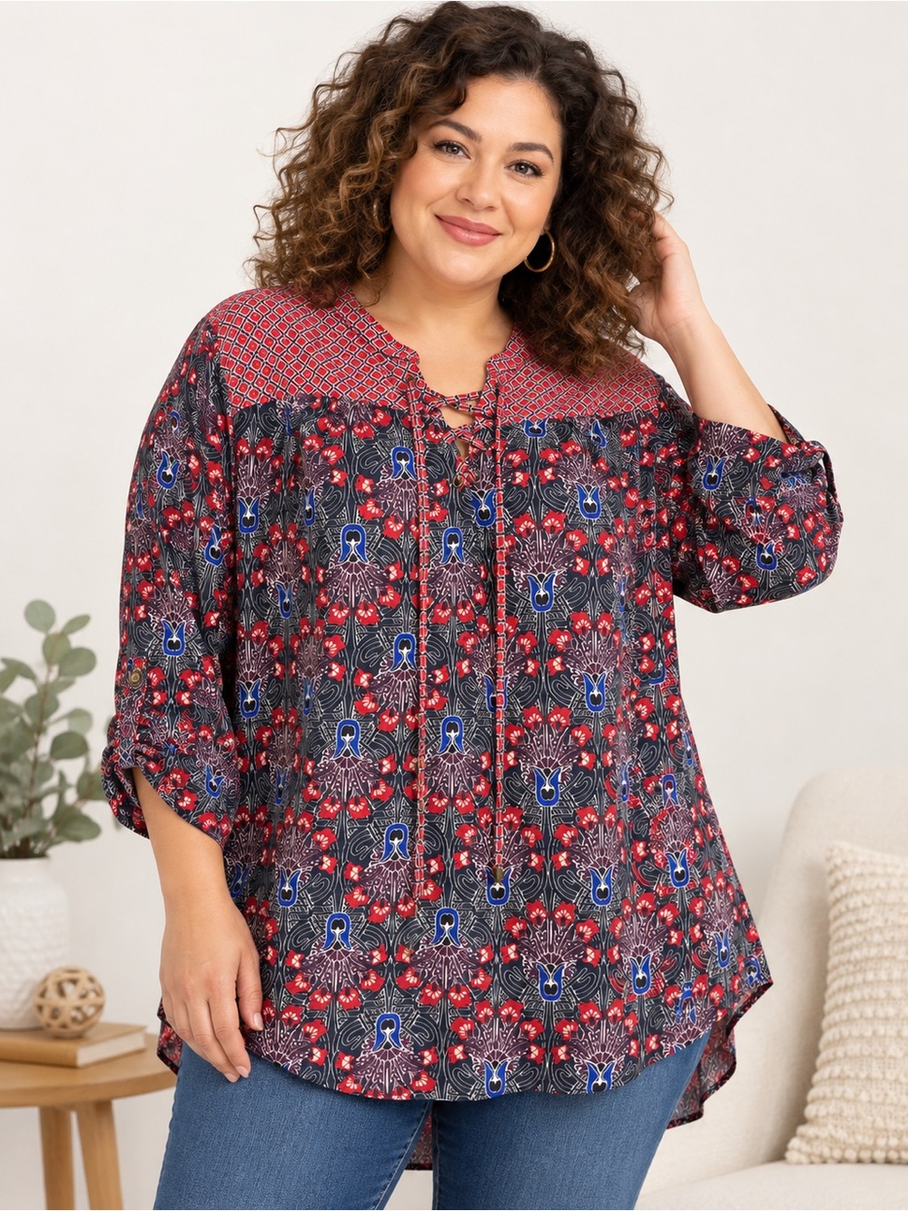 Boho Mixed Print Lace Up Hi Low Tunic Blouse 2X